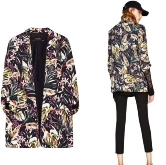 Zara Tropical Floral Silky Smooth Open Front Bold Blazer - Picture 1 of 10